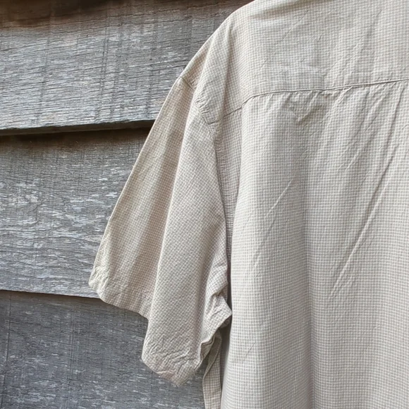 Columbia Mens Large Short Sleeve Button Up Cotton Shirt Plaid Tan and White - Picture 11 of 11
